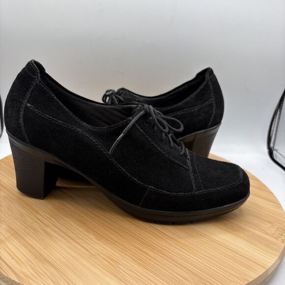 Clarks Bendables Honest Q Black Suede Oxford Pumps Lace Up Womens 8 W Wide Shoe - Picture 1 of 12